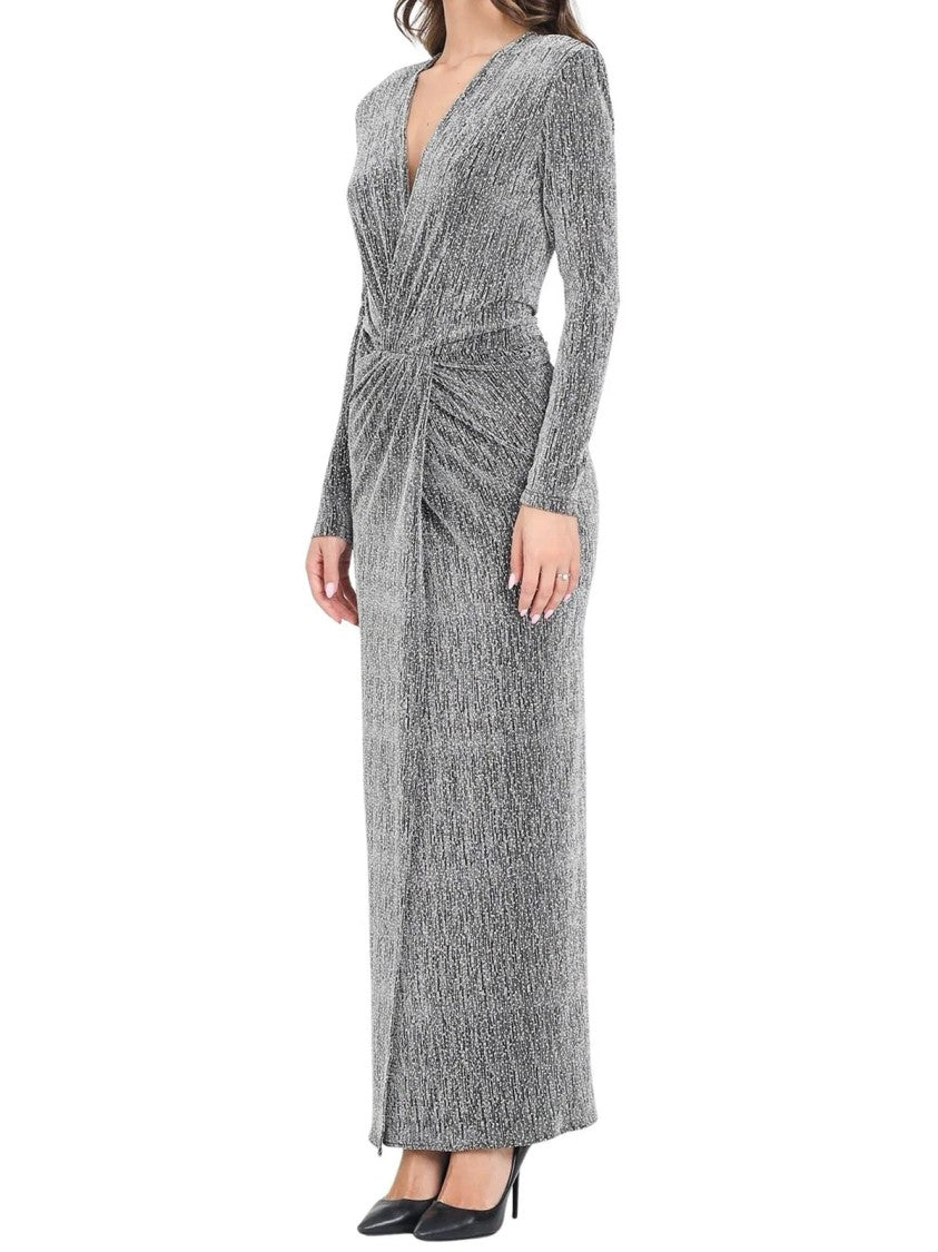 Simona Corsellini Rhinestone-Embellished Silver Maxi Dress With Deep V-Neckline