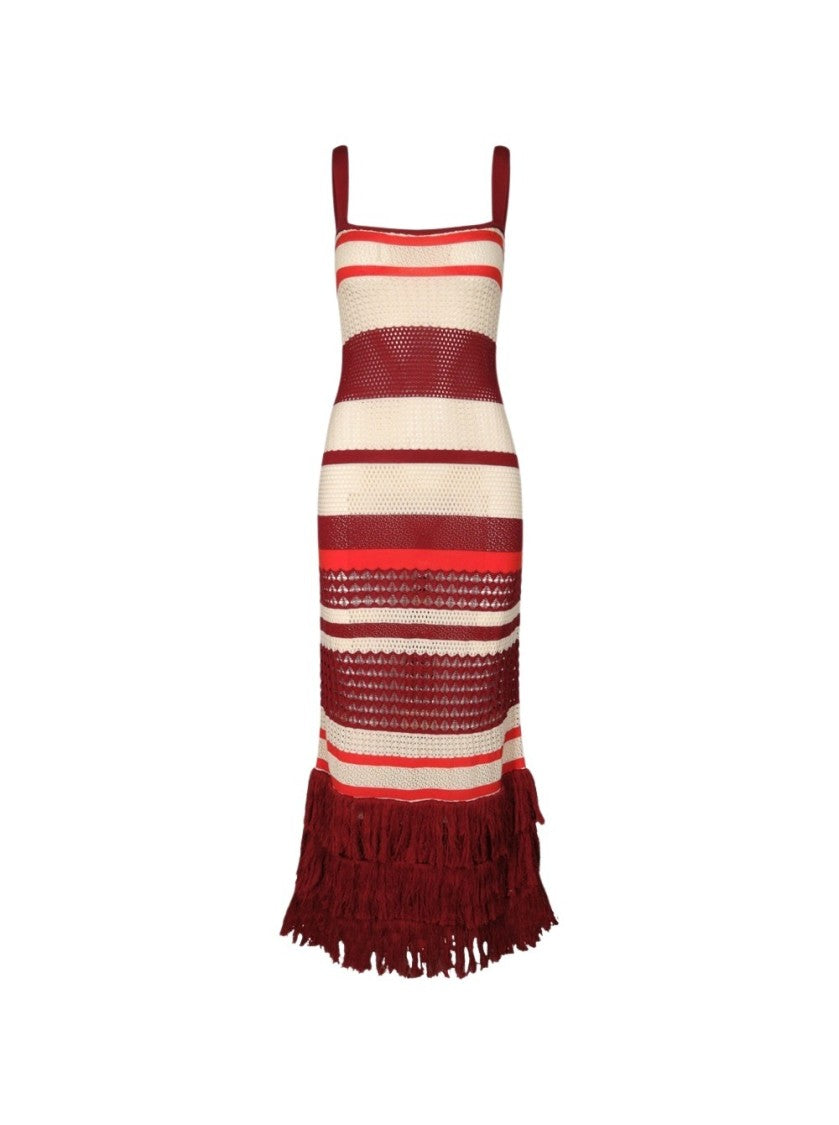 Johanna Ortiz Embayed Midi Dress Antique Ecru And Wine