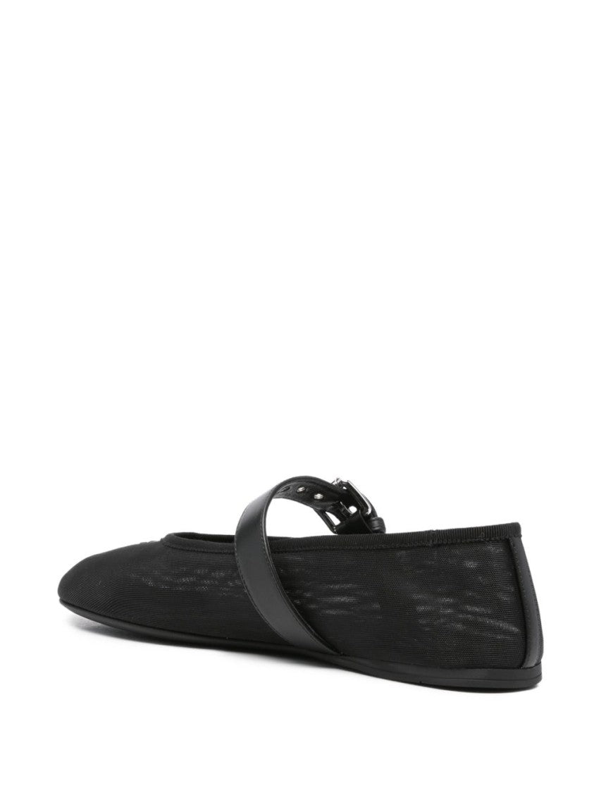 Miu Miu Black Mesh Fabric Embroidered Logo Ballerinas