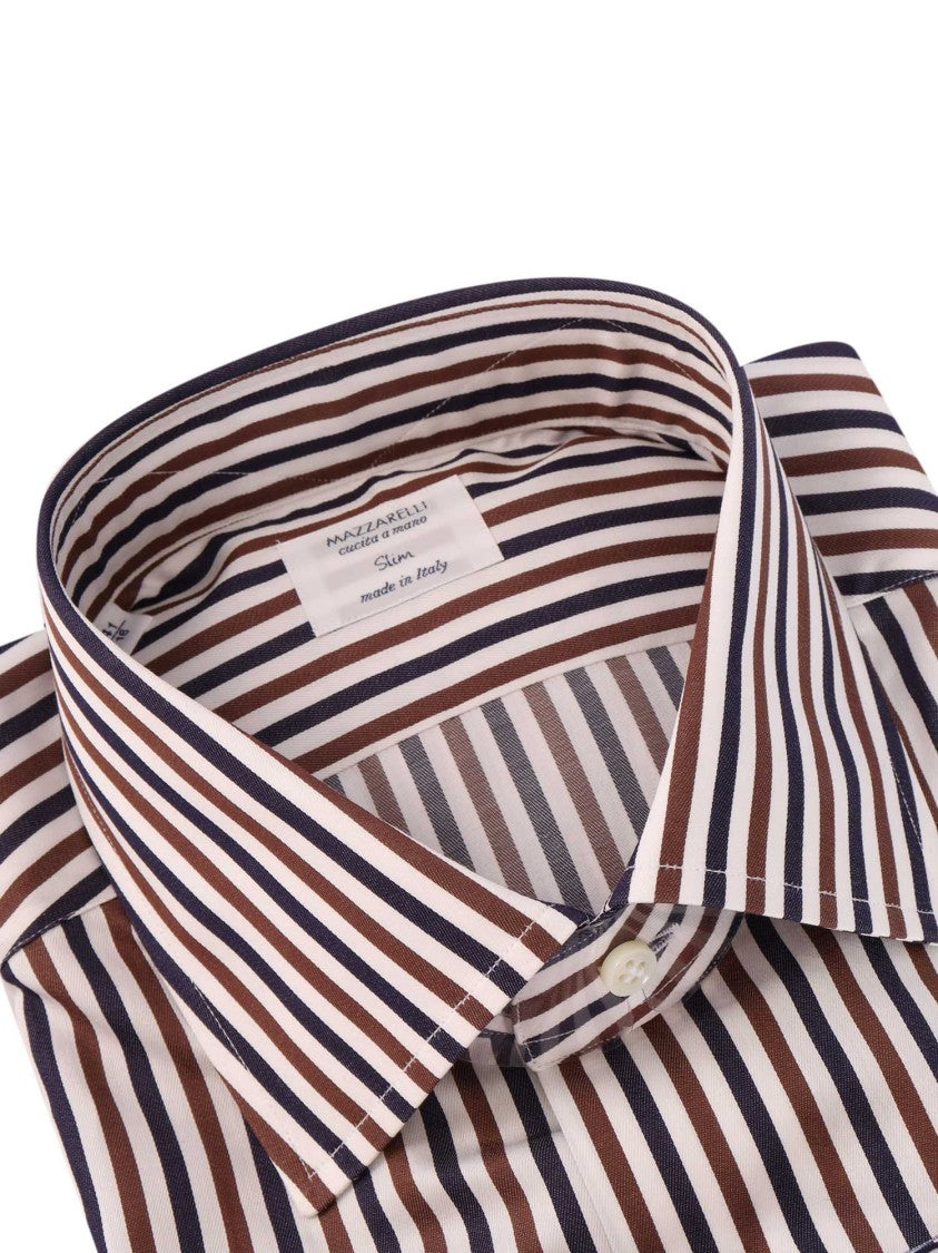 Mazzarelli Camicie Tailored Slim Fit Striped Shirt In Brown, Blue, And White