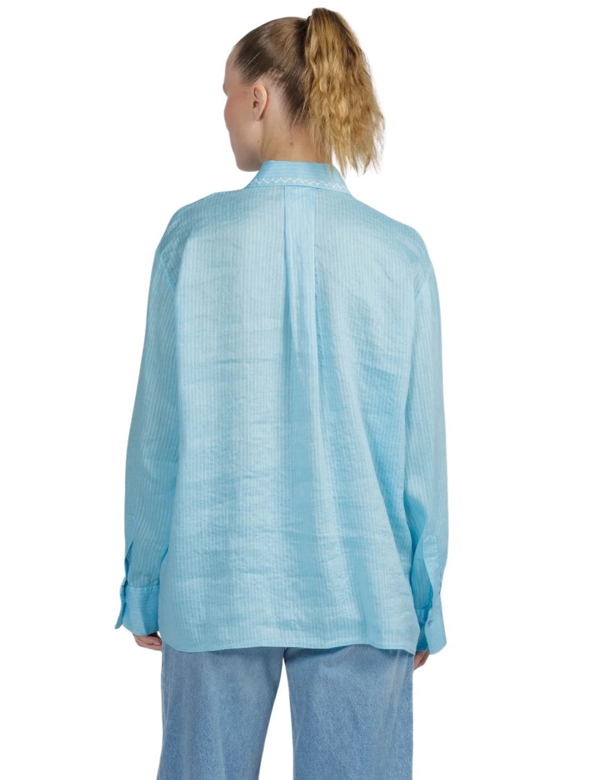 Forte Forte Turquoise Pinstripe Linen-Blend Embroidered Shirt