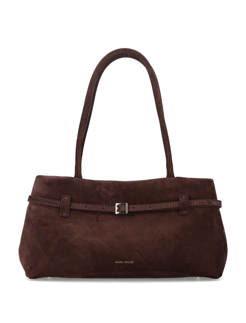 Manu Atelier Elongated Suede Handbag With Magnetic Closure And Double Top Handles