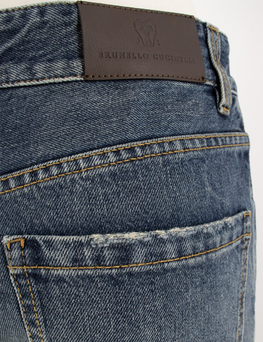 Brunello Cucinelli Tapered Blue Denim Trousers With Jewel Embroidery