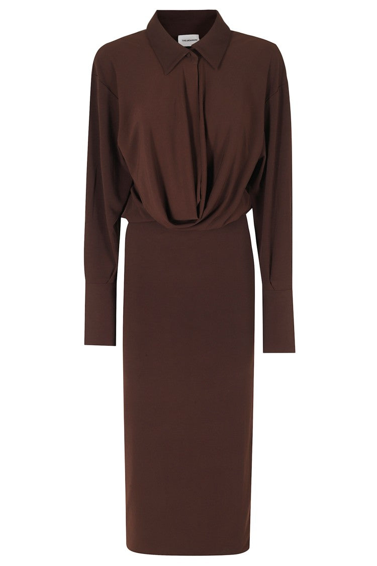 The Andamane Brown Lilia Deep V-Neck Buttoned Collar Midi Dress