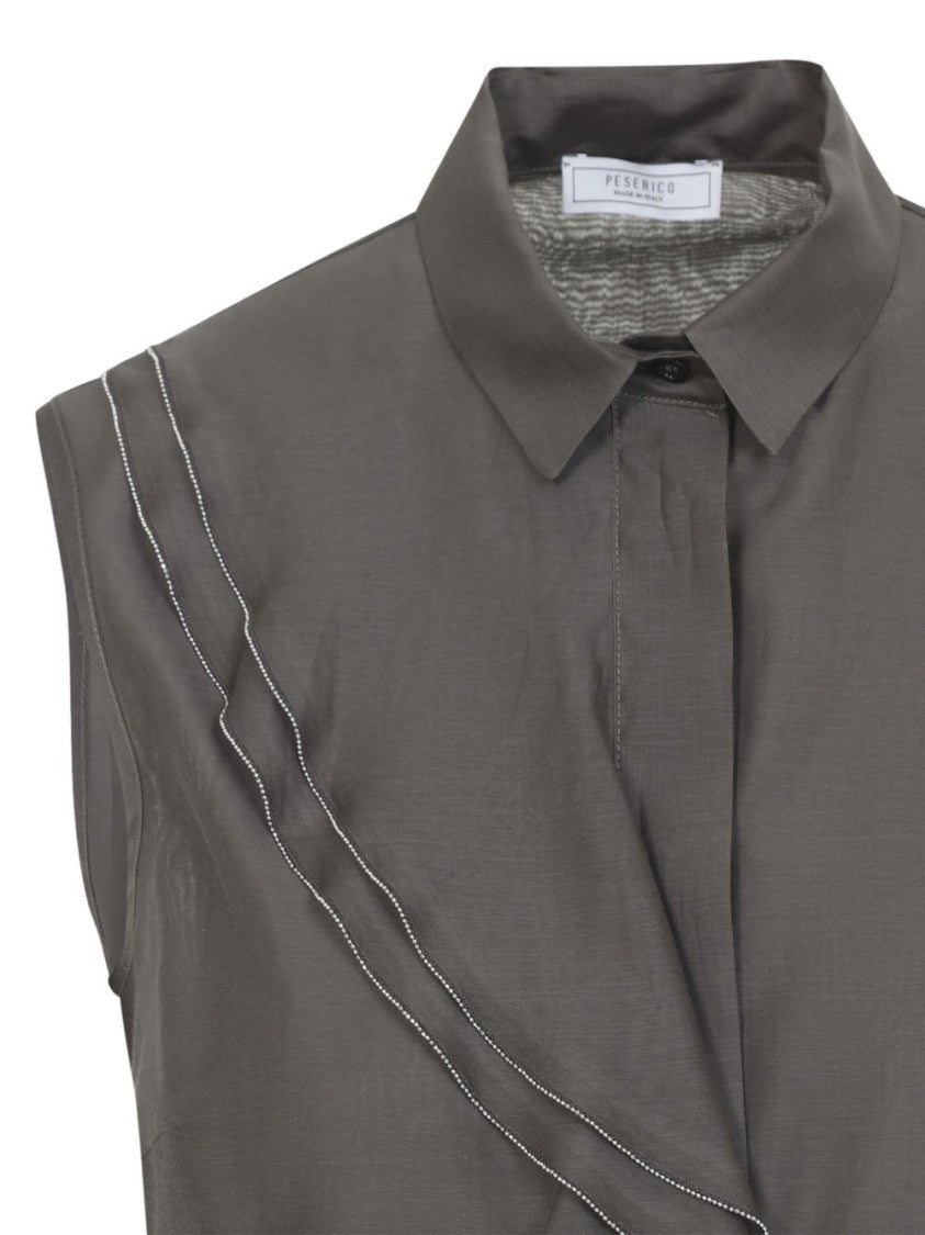 Peserico Sleeveless Brown Blouse With Classic Collar