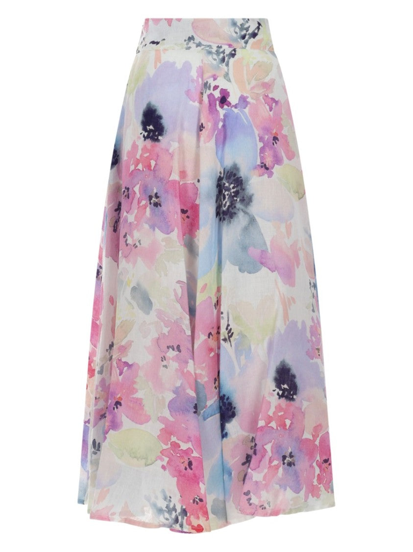 120% Lino Pastel Watercolor Floral Linen Maxi Skirt