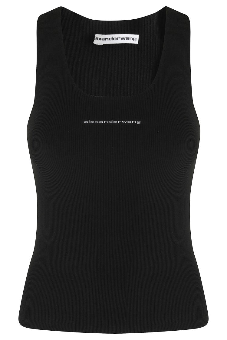 Alexander Wang Black Racer Tank Front Logo Ribbed Nylon Tank Top