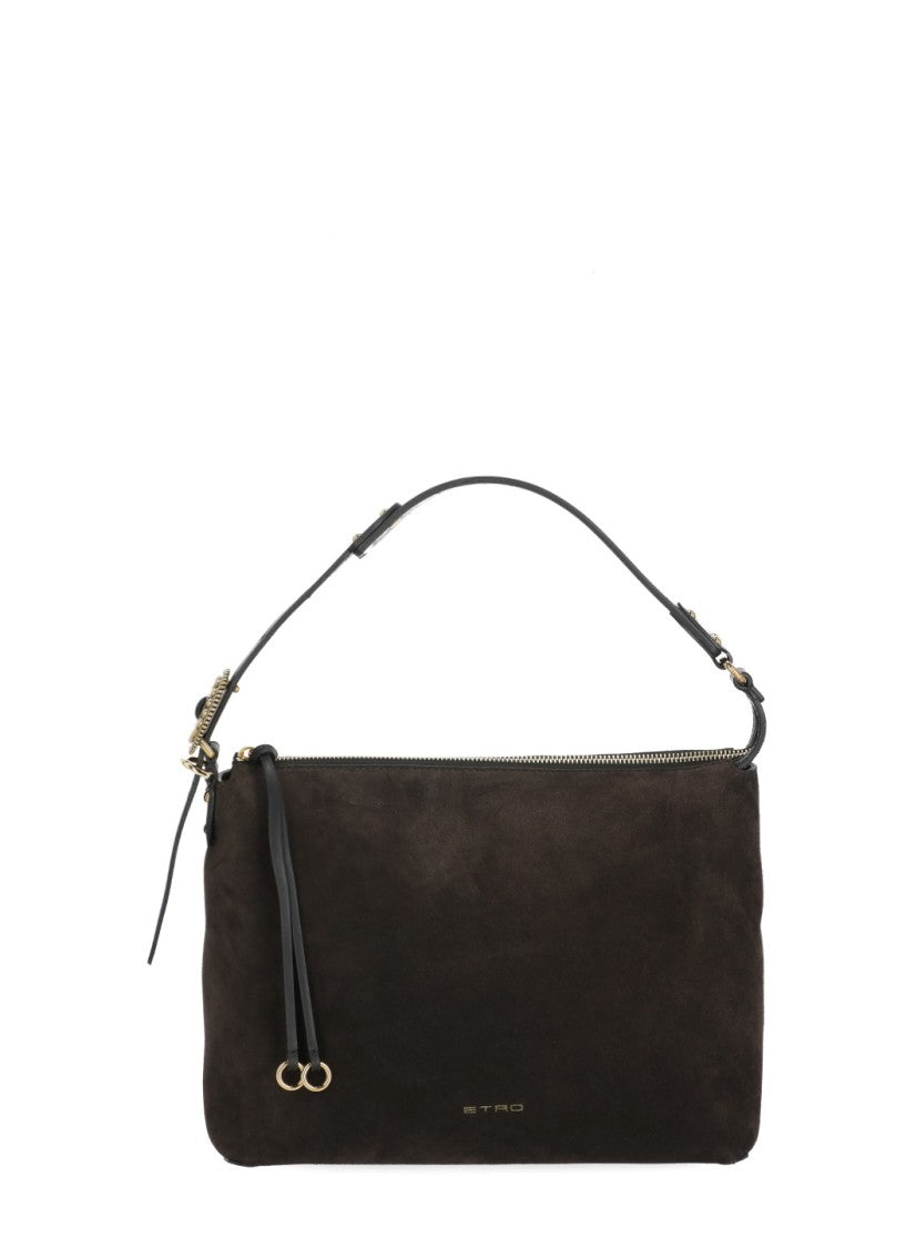 Etro Suede Shoulder Bag With Gold Accents And Adjustable Handle