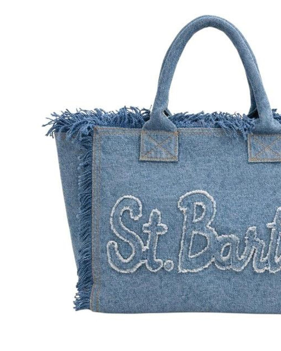 Mc2 Saint Barth Medium Denim Tote Bag With Fringed Edges
