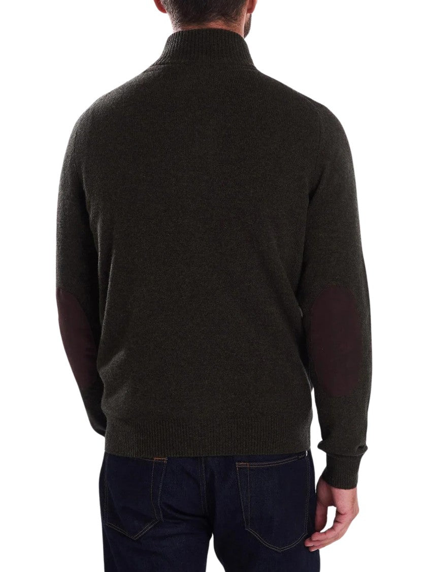 Barbour Dark Knit Zip-Through Sweater With Ribbed Collar And Elbow Patches