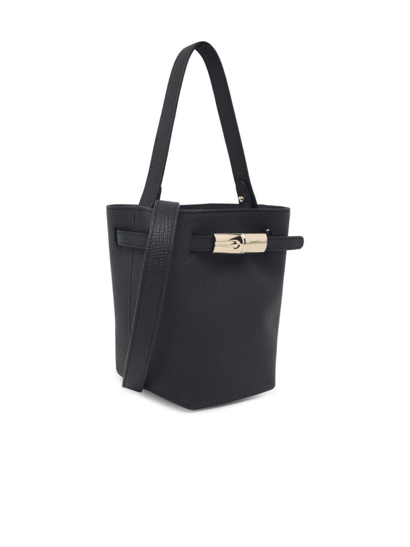 Longchamp Grainy Black Leather Bucket Bag With Removable Handle And Bamboo Buckle