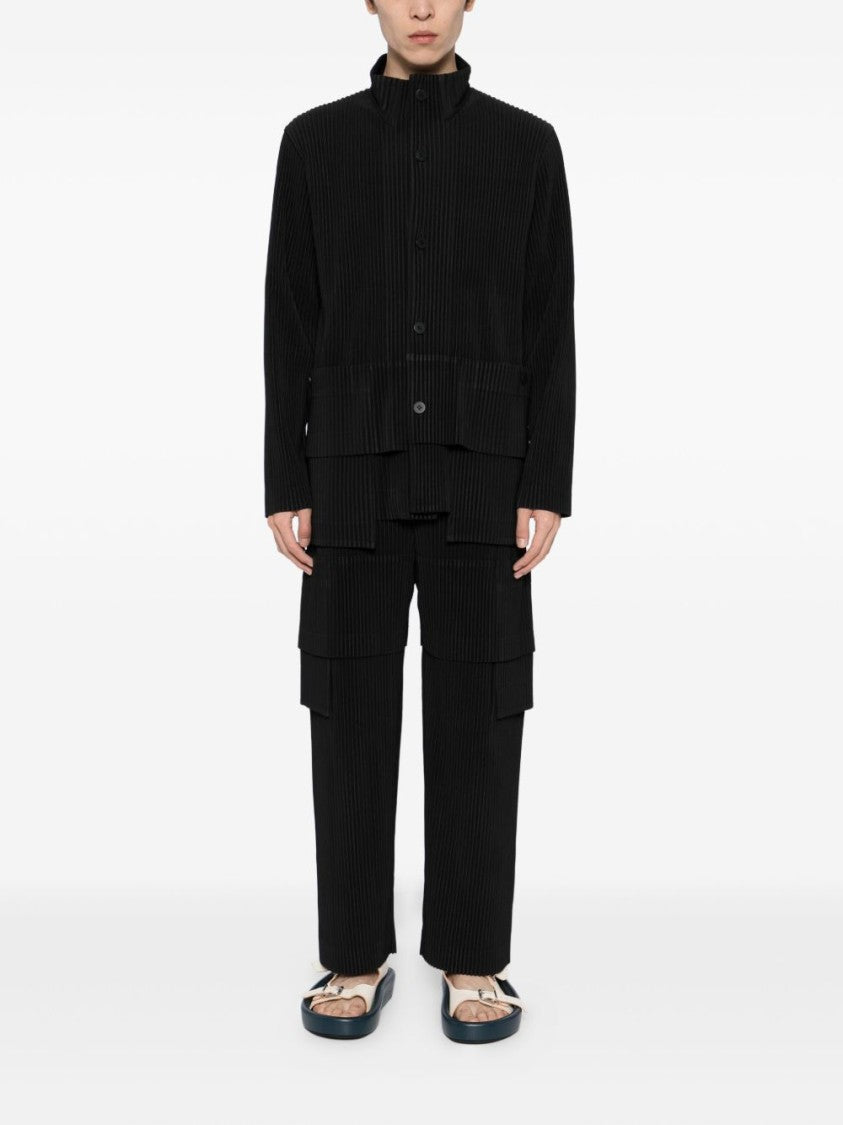Homme Plissé Issey Miyake Textured Black Shirt With Stand Collar