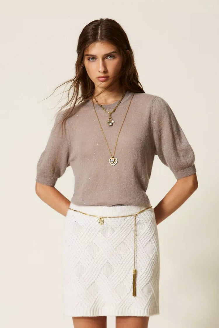 Twin-Set Cream Textured-Knit Wool-Blend Mini Skirt