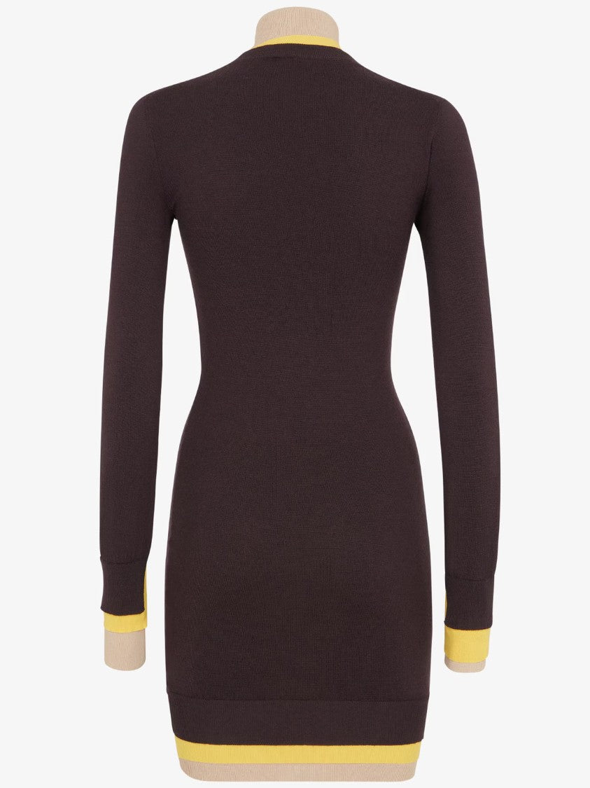 Fendi Dark Purple Wool Trompe-L'œil Ribbed Dress