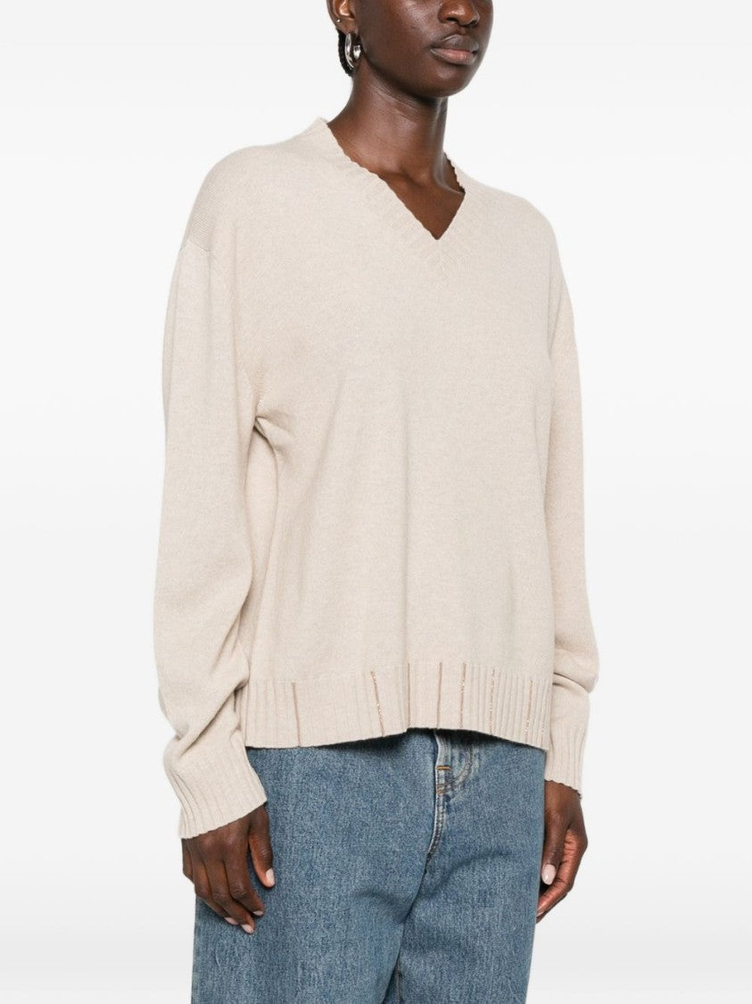 Fabiana Filippi Black Fine Knit V-Neck Ribbed Sweater