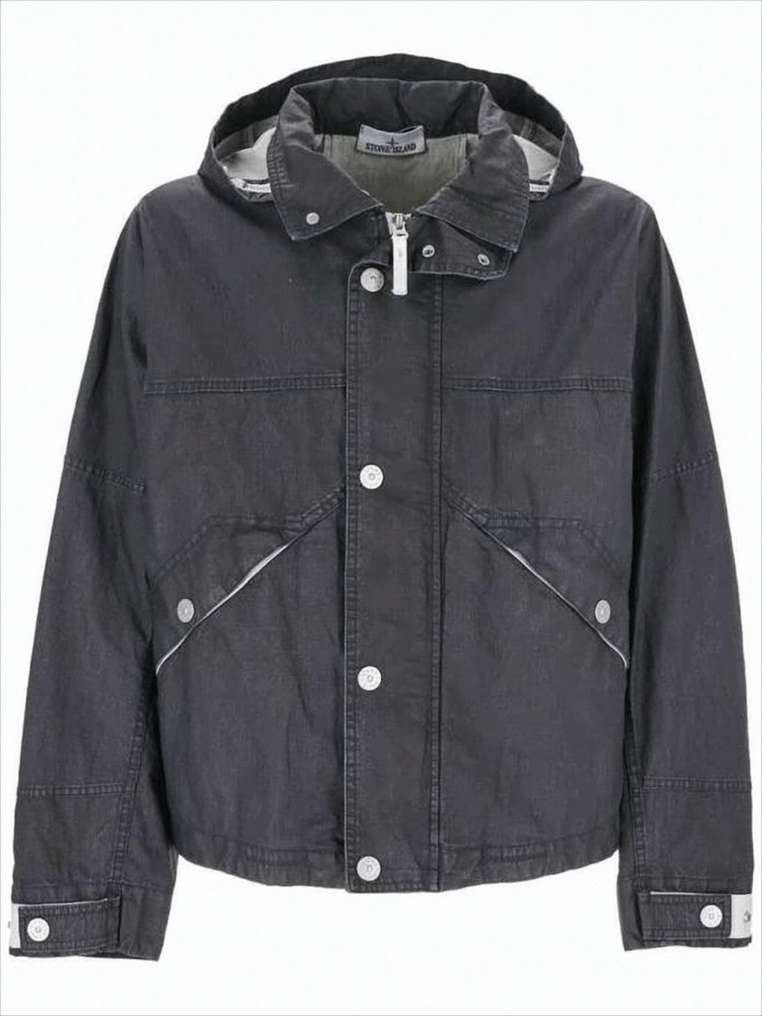 Stone Island Cropped Linen Jacket With Front Zipper