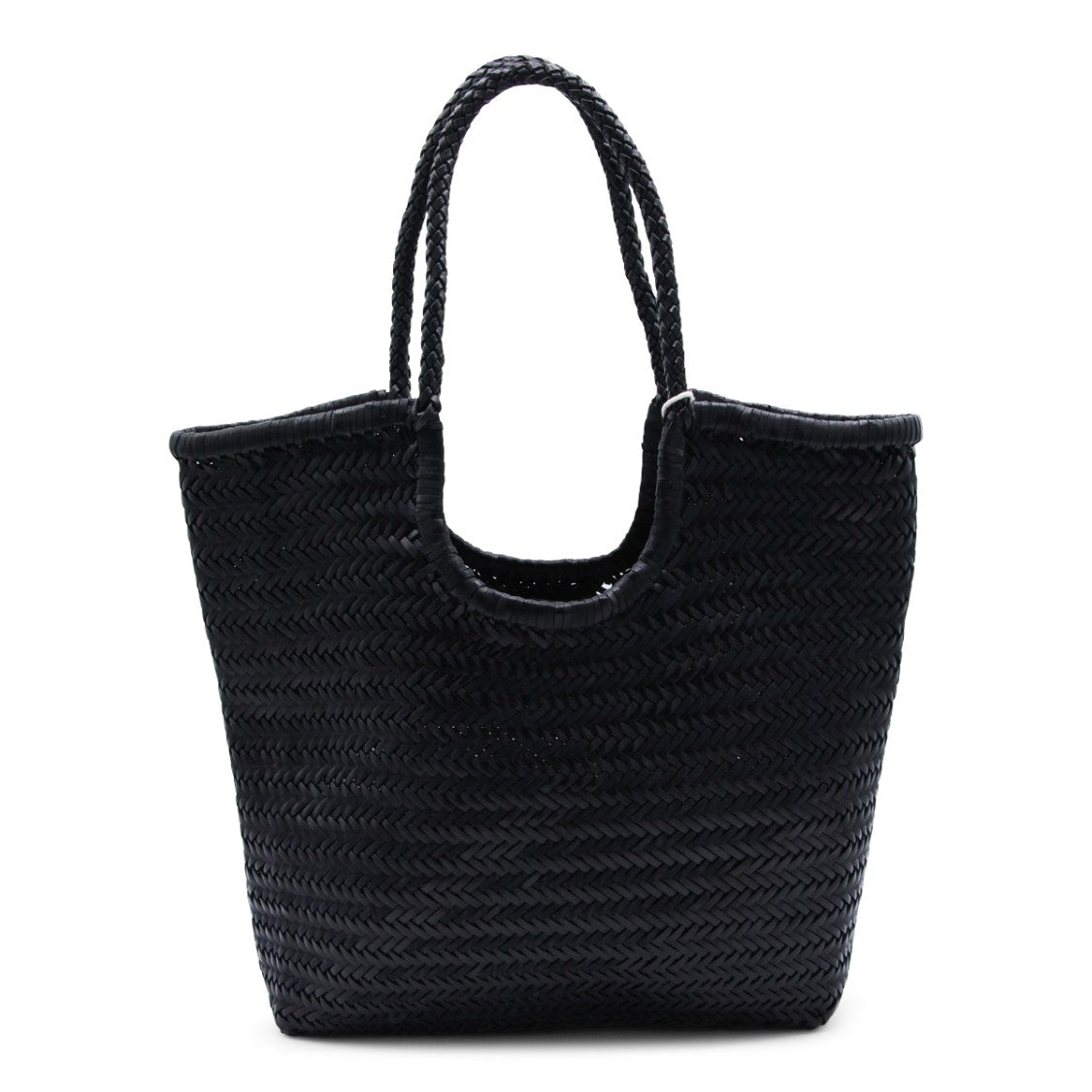 Dragon Diffusion Diagonal Woven Black Leather Tote With Braided Handles