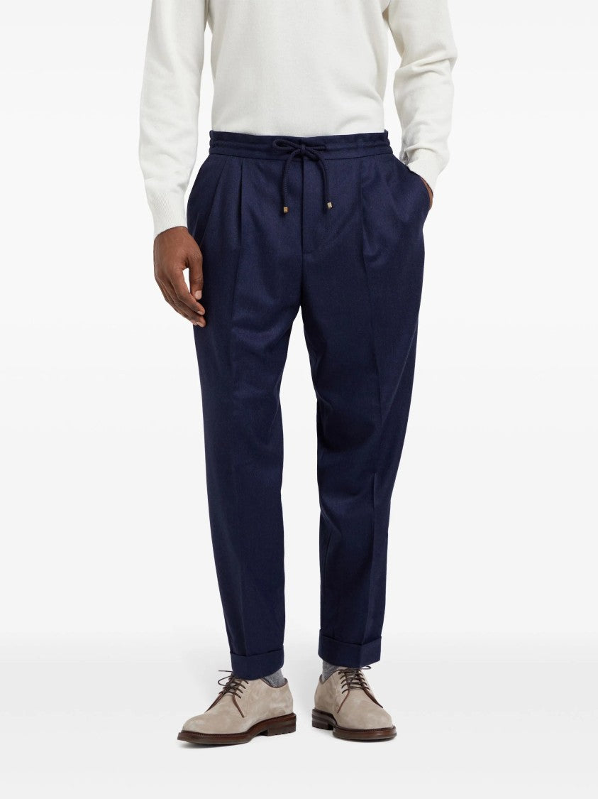 Brunello Cucinelli Blue Wool Relaxed Front Pleated Pants
