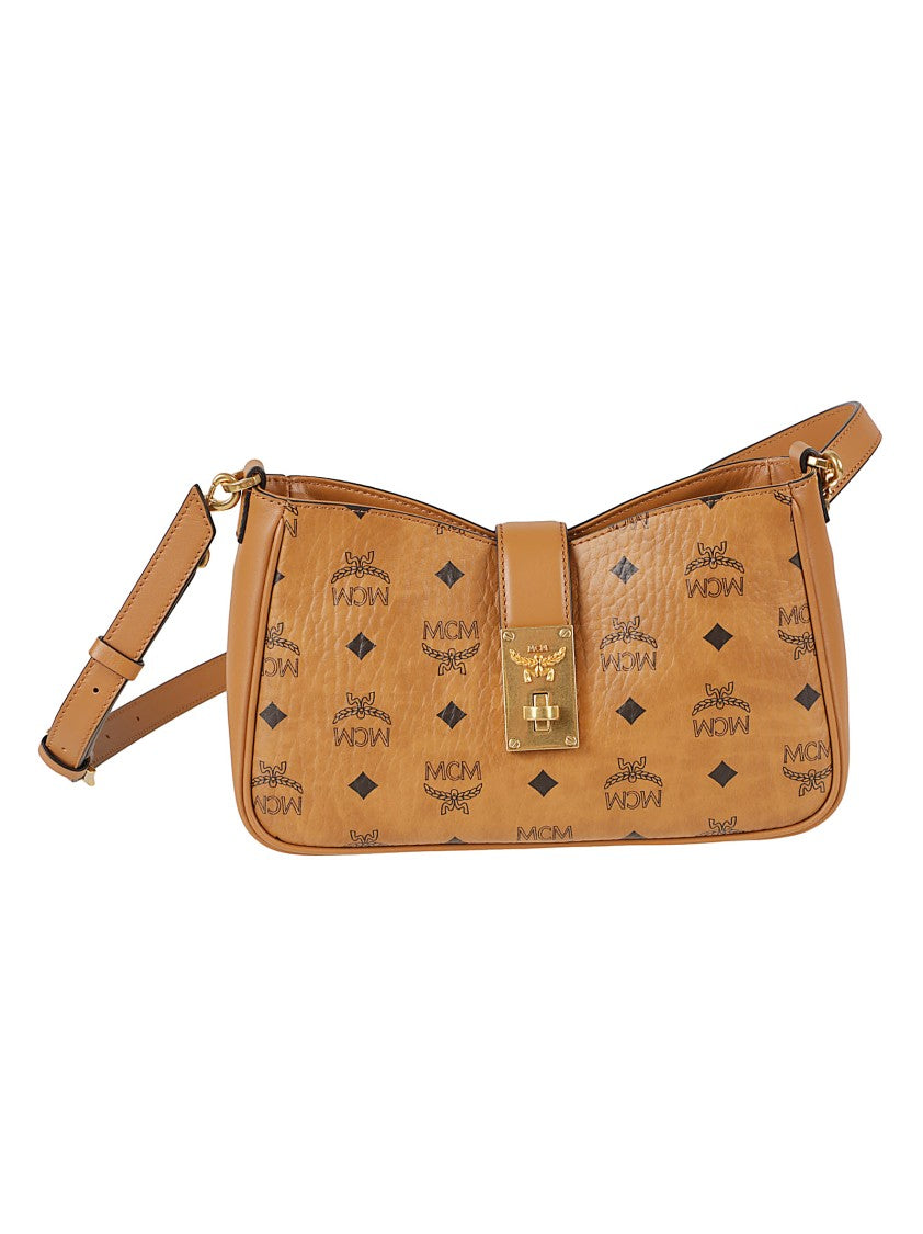 Mcm Rectangular Shoulder Bag With Logo Pattern And Gold Clasp