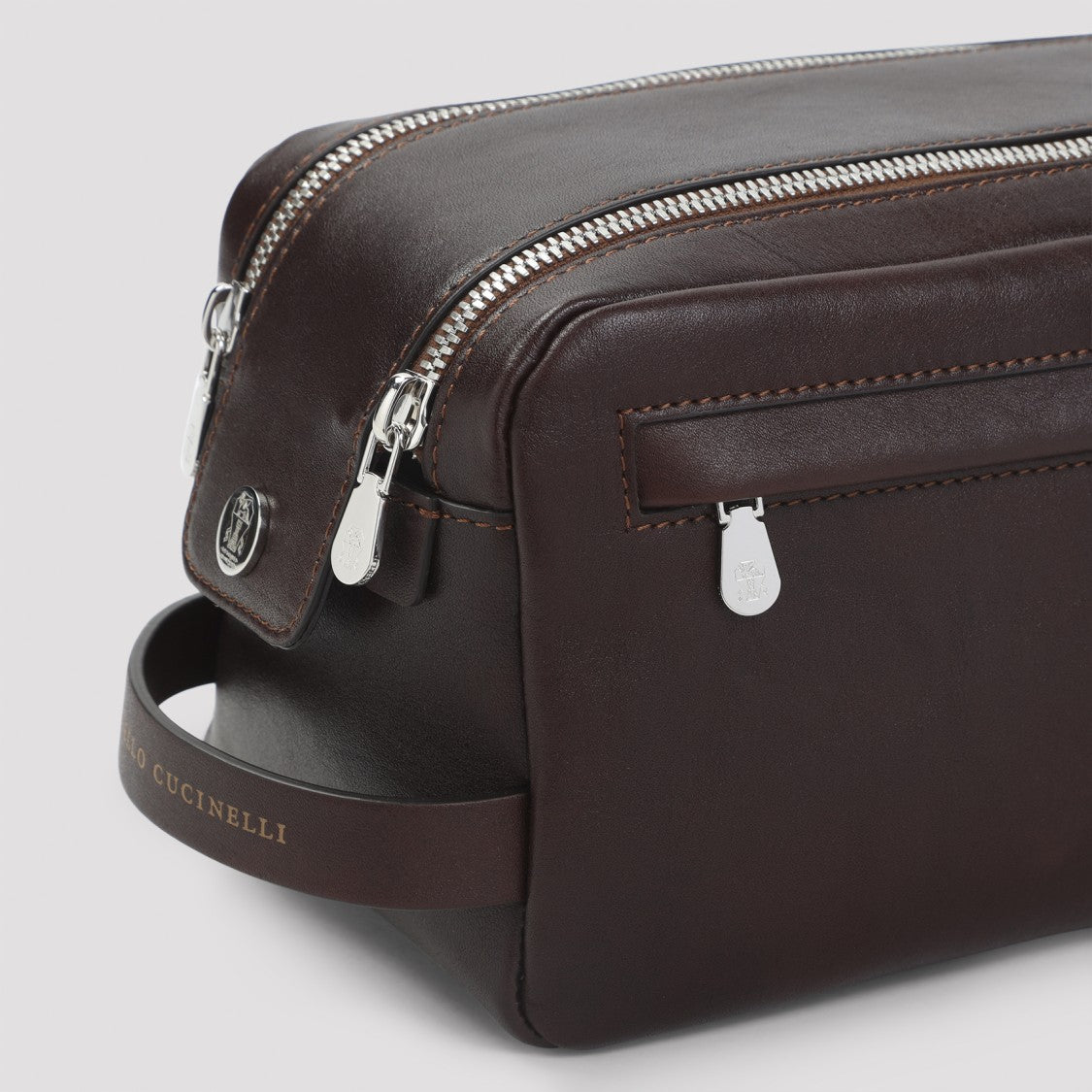 Brunello Cucinelli Rectangular Dark Brown Leather Belt Bag With Design