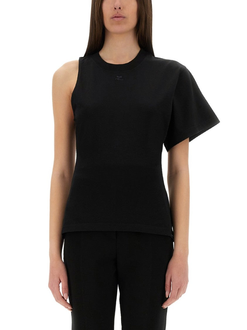 Courrèges One-Shoulder Black T-Shirt In Soft Cotton