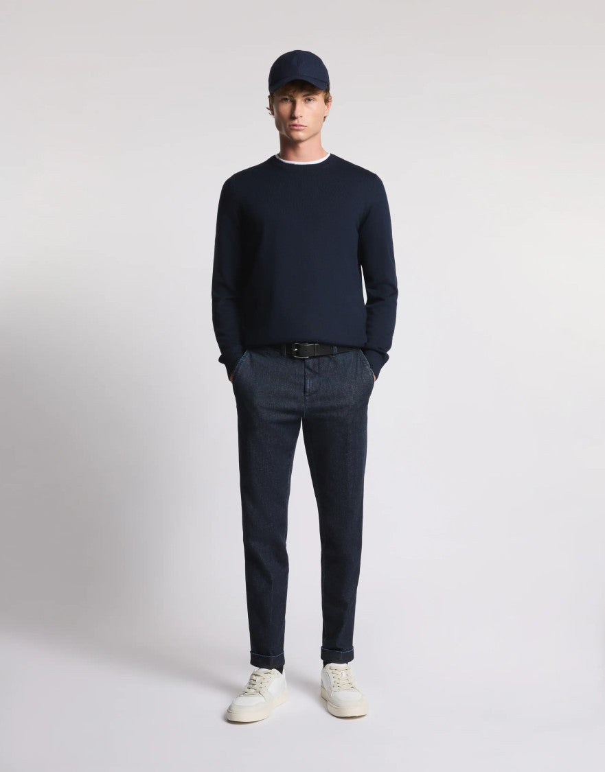 Fay Refined Crew Neck Sweater In Deep Navy Wool
