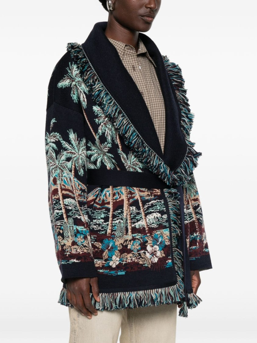 Alanui Tropical Pattern Fringed Shawl Collar Knit Sweater