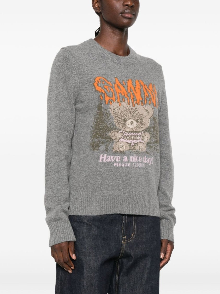 Ganni Grey Knit Sweater With Playful Teddy Bear Graphic