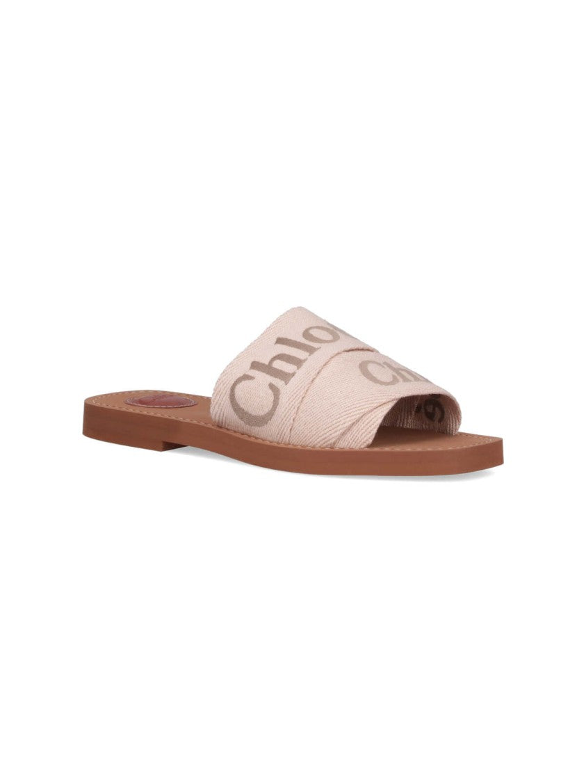 Chloé Beige Woody Printed Linen Sandals