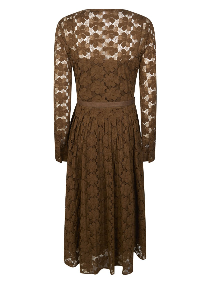 Max Mara Agrum V-Neck Sheer Long-Sleeve Lace Midi Dress