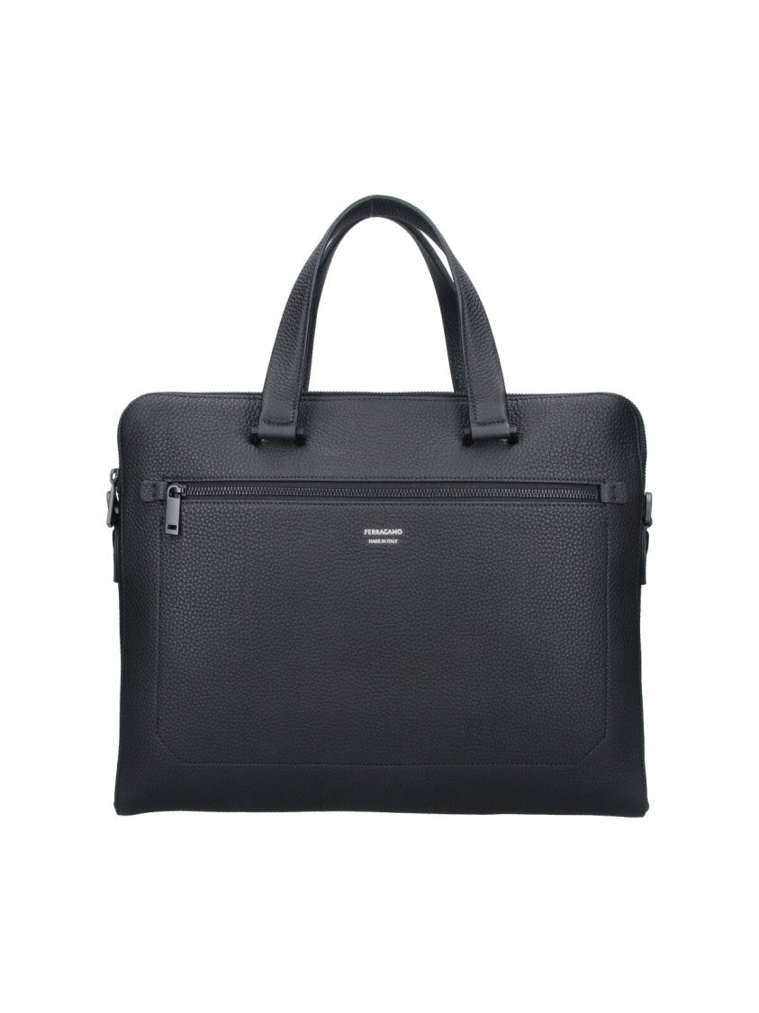 Ferragamo Black Textured Leather Triple Compartment Briefcase