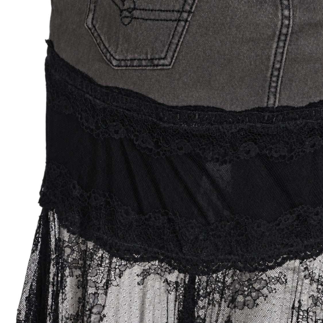 Blumarine High-Waisted Denim Sheer Lace Midi Skirt