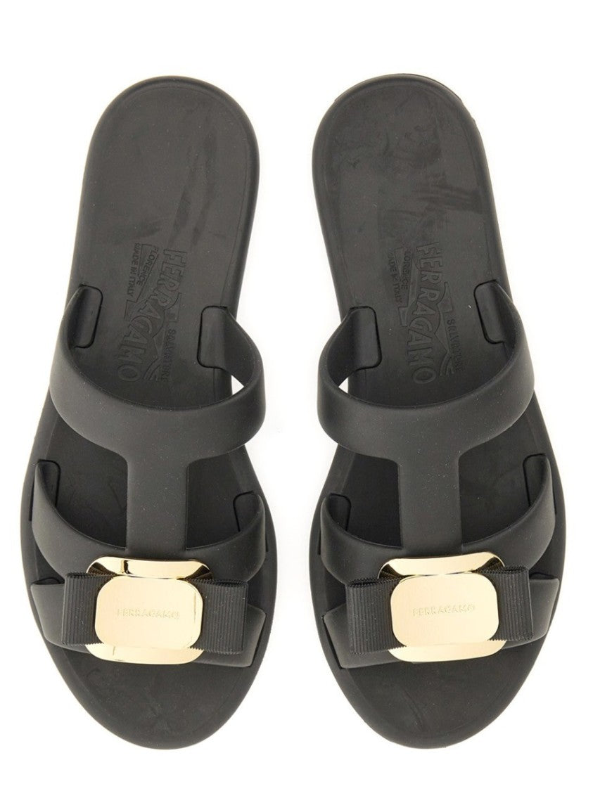 Ferragamo Black New Vara Metallic Accent Bow Sandals