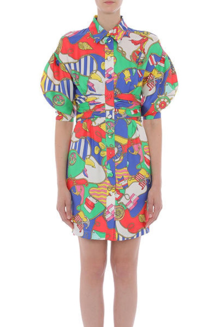 Moschino Nautical-Themed Silk Dress With Puffed Sleeves