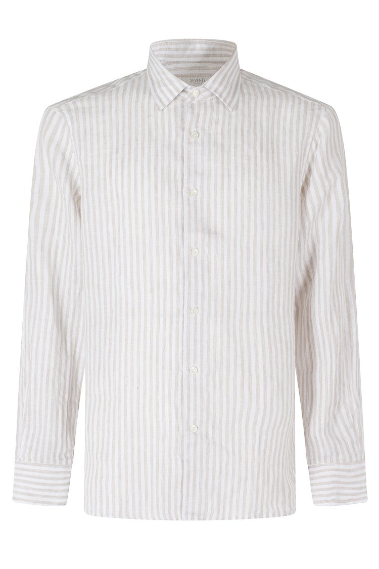 Seventy Beige Button-Down Embroidered Logo Striped Linen Shirt
