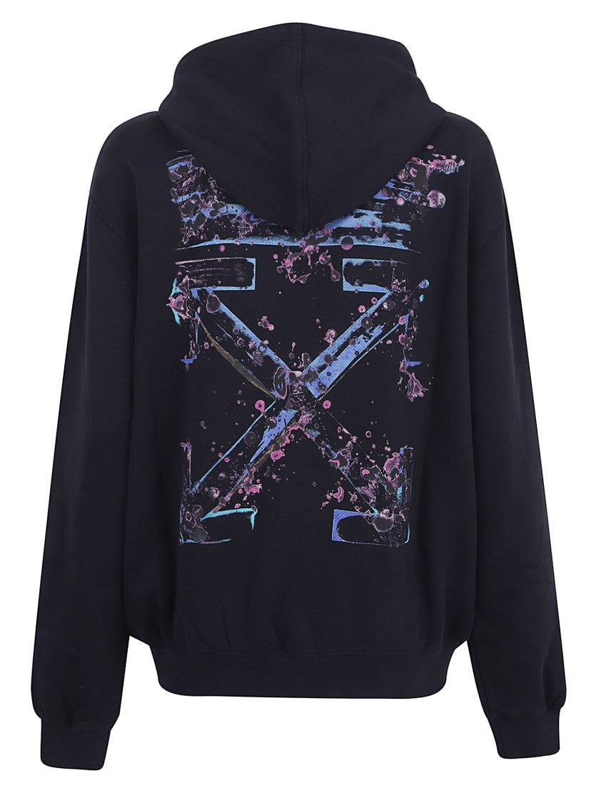 Off-White Cotton Sweatshirt With Watercolor Arrow Motif And Adjustable Hood