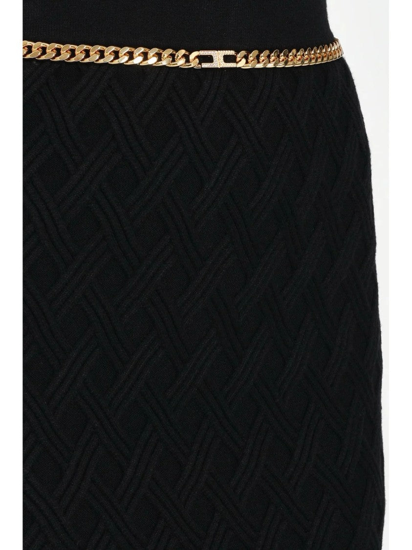 Elisabetta Franchi Textured Knit Midi Skirt With Gold Chain Belt Detail