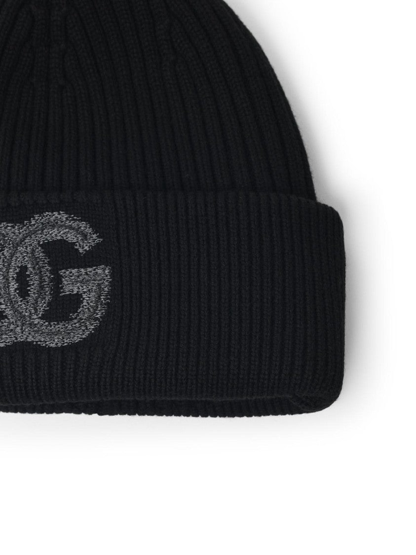 Dolce & Gabbana 'Dg' Logo Beanie In Black Virgin Wool