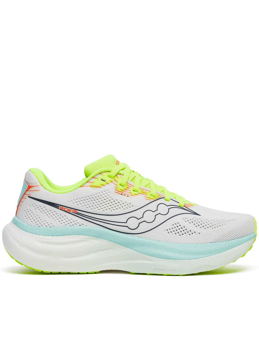 Saucony White Ride 19 Neon Accent Running Sneakers