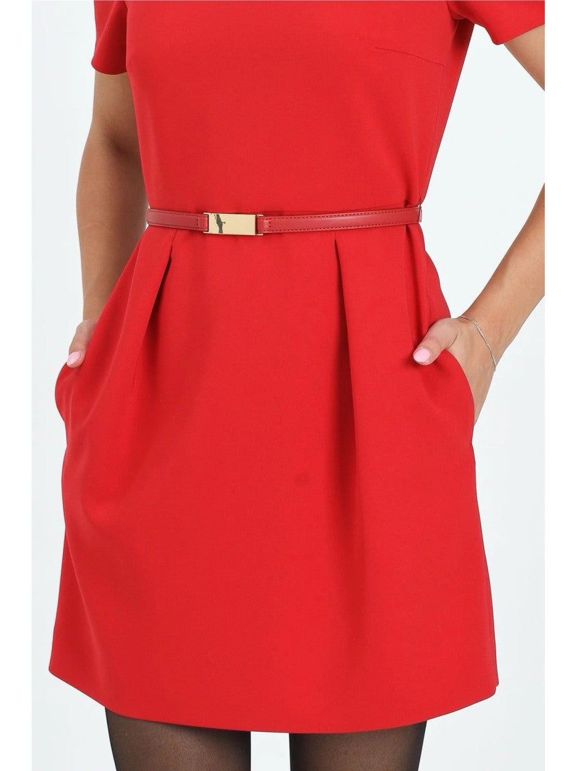 Max Mara Structured Red Mini Dress With Leather Strap And Practical Pockets