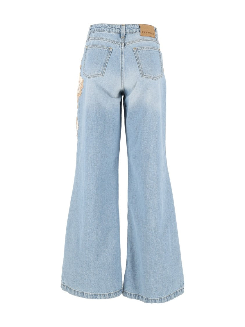 Ermanno Scervino Light Blue Floral-Embroidered Wide-Leg Jeans