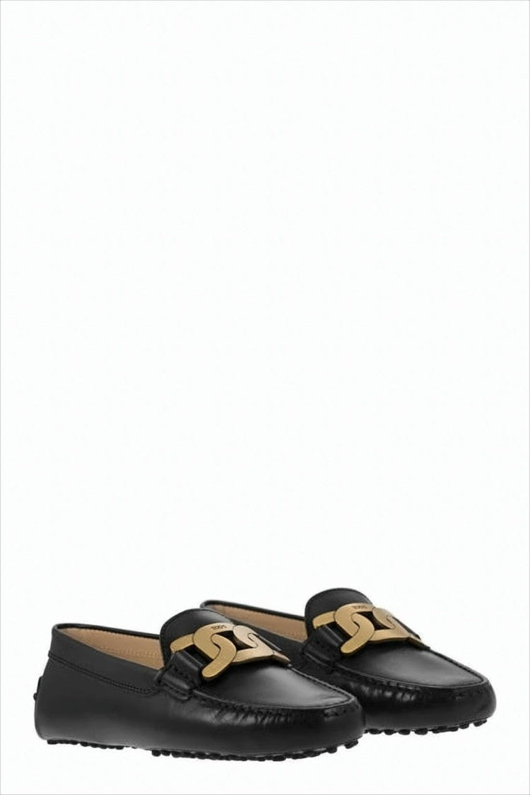 Tod's Black Leather Loafers With Gold-Tone Chain Detail