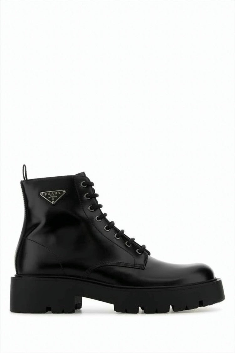 Prada Black Calf Leather Ankle Boots With Lace-Up Detail