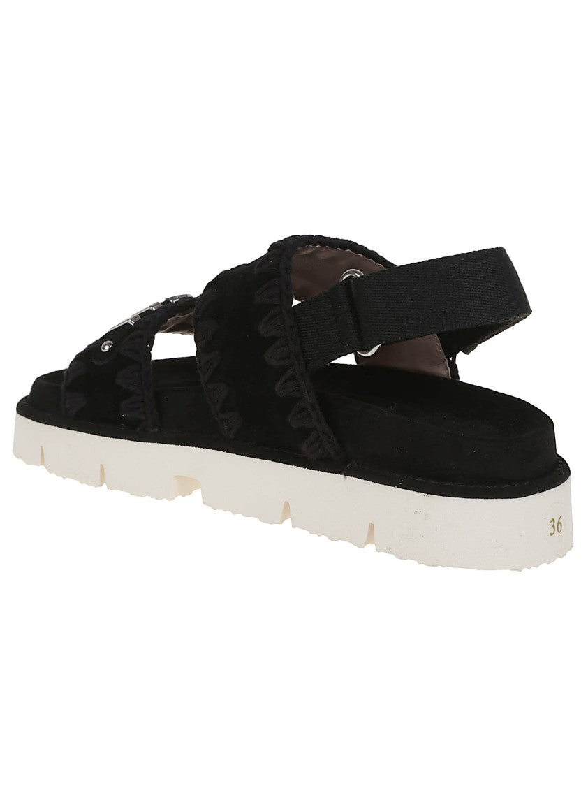 Mou Black Leather Platform Sandals With Decorative Detailing
