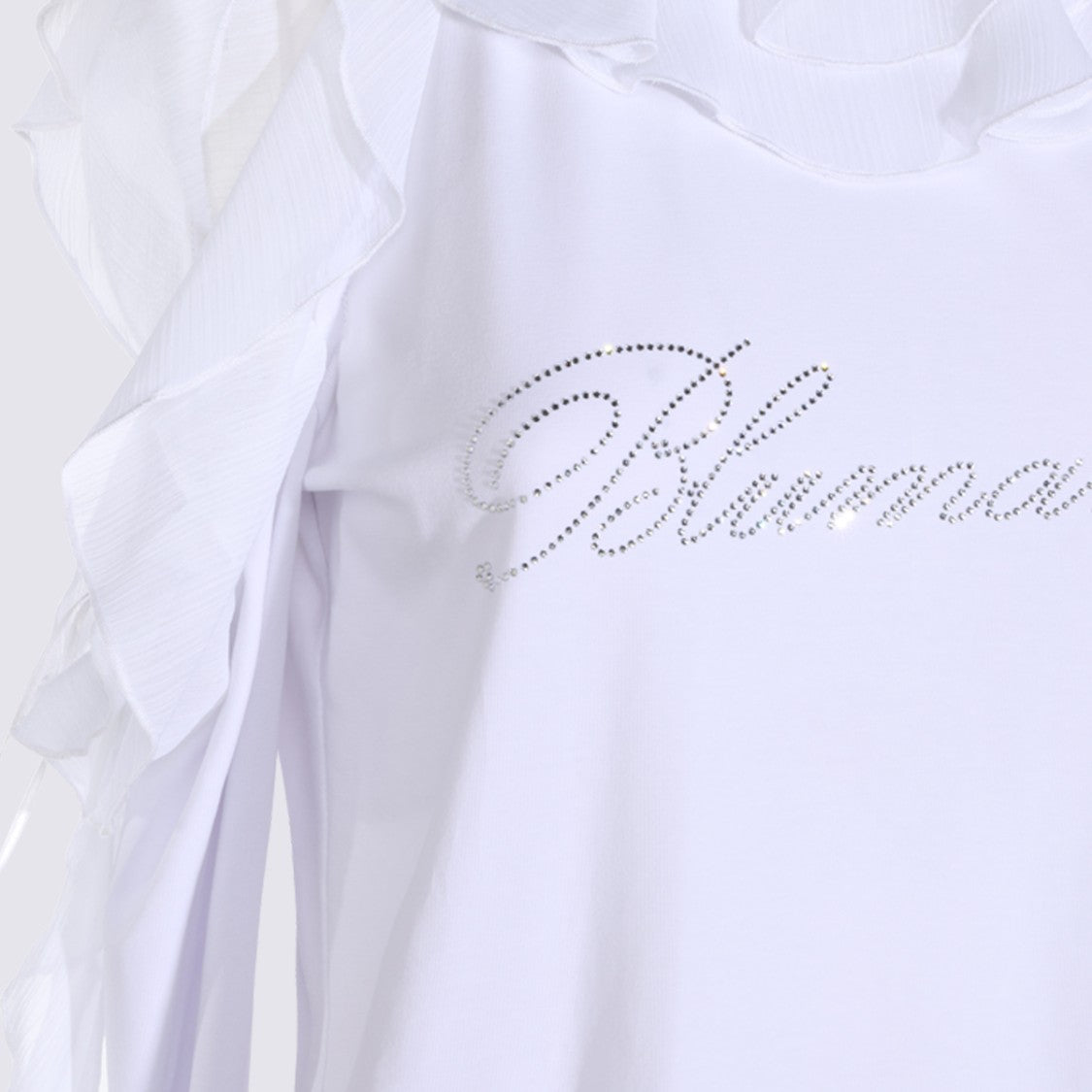 Blumarine Long-Sleeve Top With Ruffled Trims And Rhinestone Embellishments