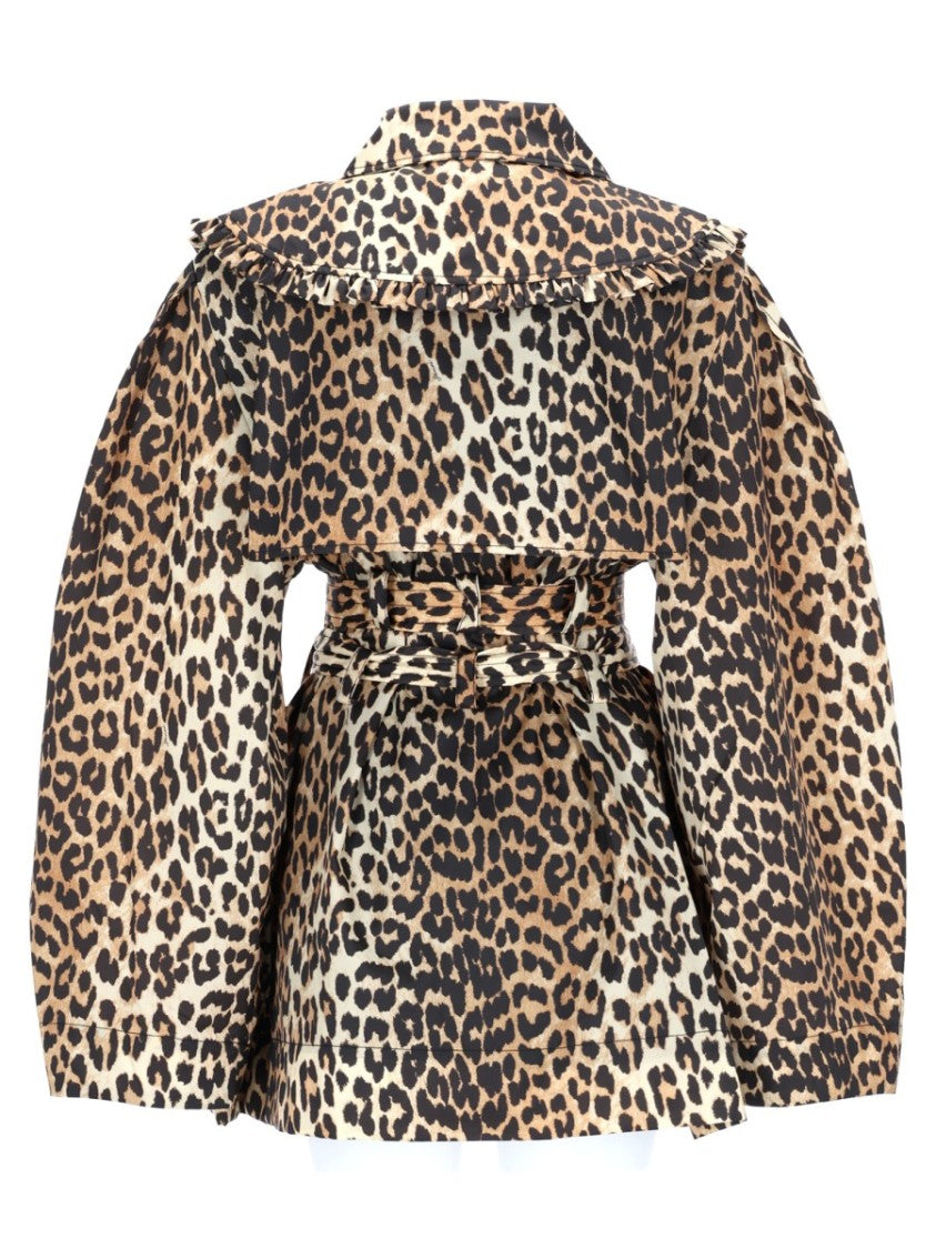 Ganni Short Leopard Print Ruffle Trim Trench Coat
