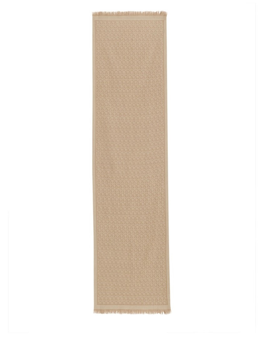 Ferragamo Long Rectangular Scarf With Interlocking Pattern And Fringed Edges