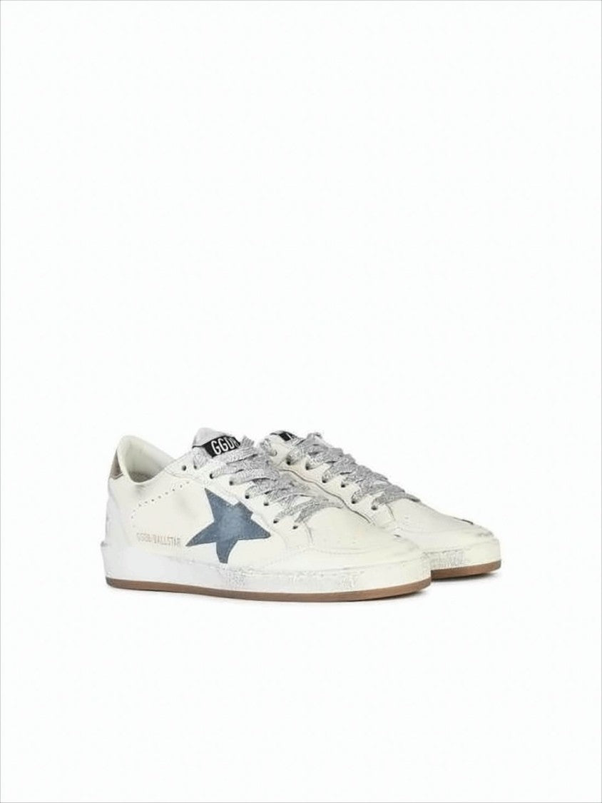 Golden Goose Distressed White Low-Top Sneakers With Contrasting Blue Star
