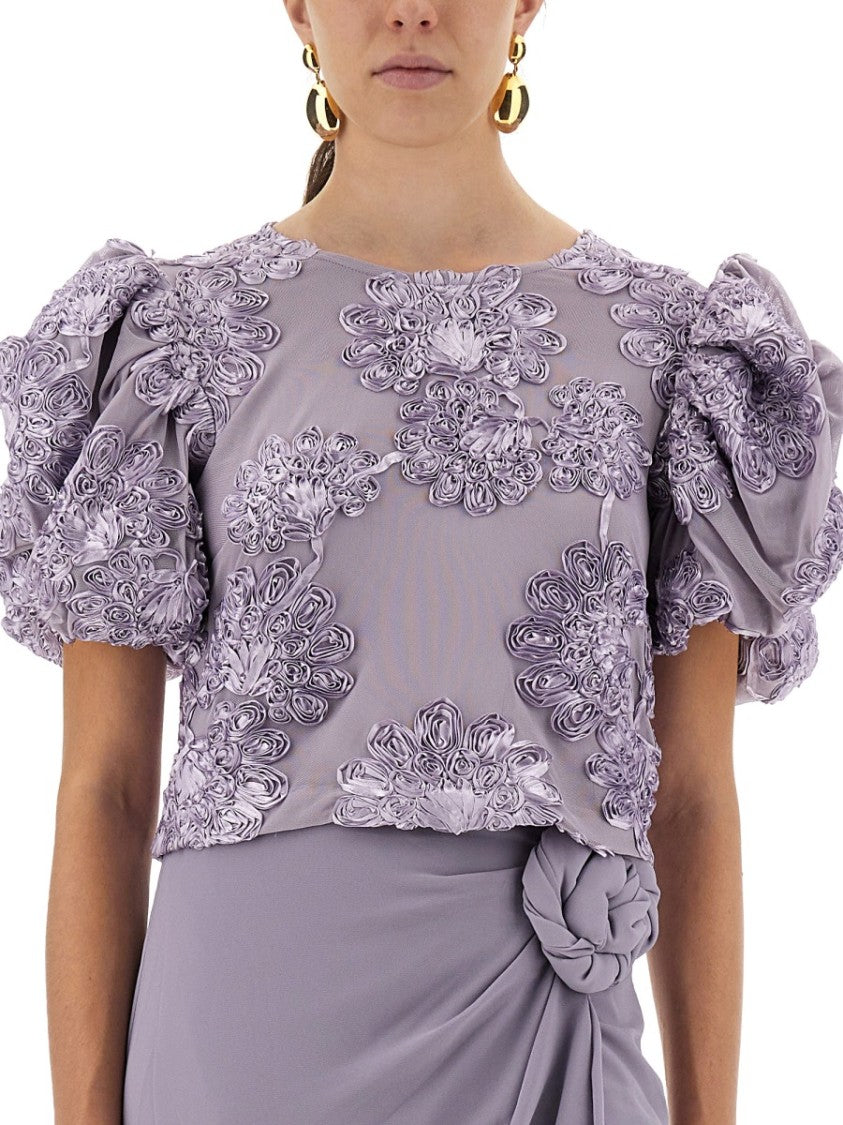 Rotate Birger Christensen 3D Floral Mesh Top With Voluminous Puff Sleeves