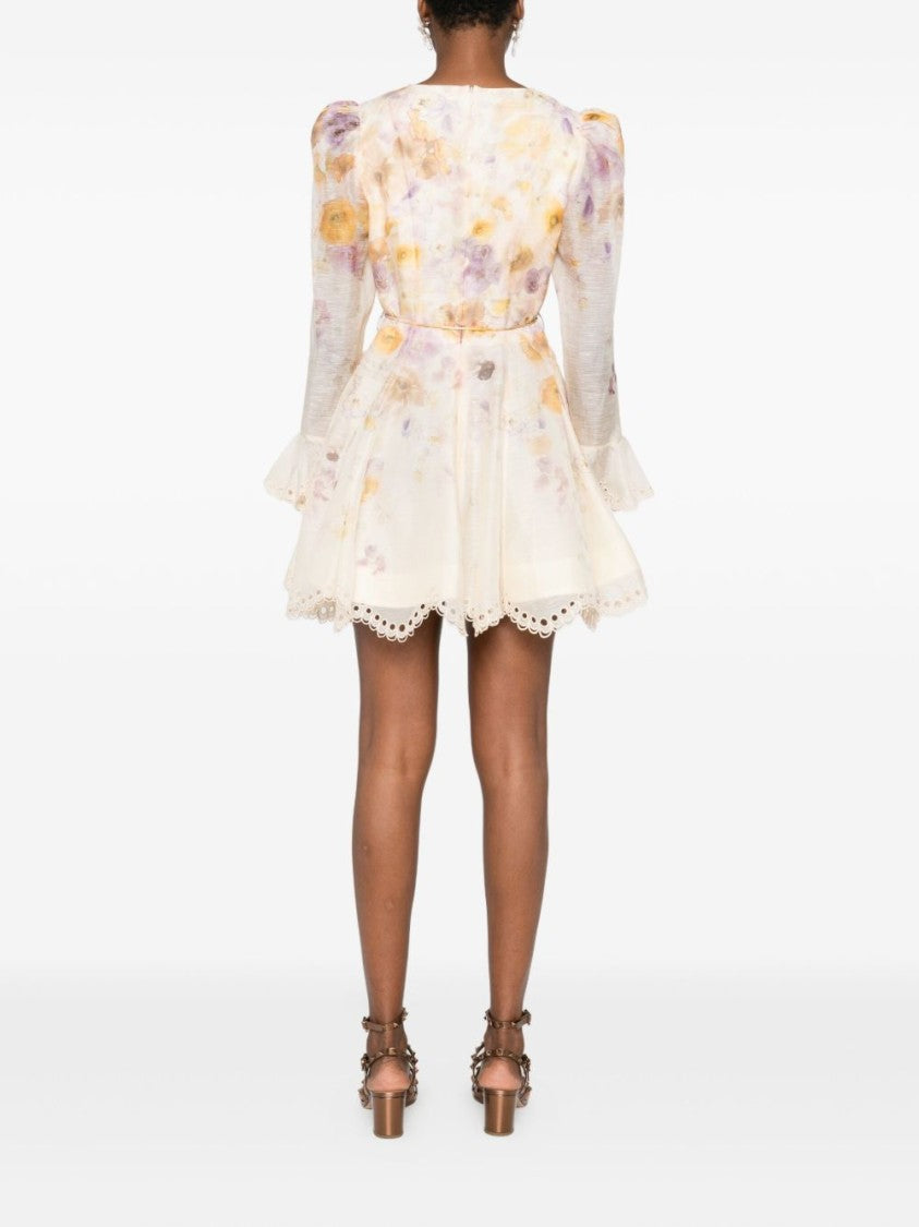 Zimmermann Floral-Embellished Minidress With Puffed Sleeves